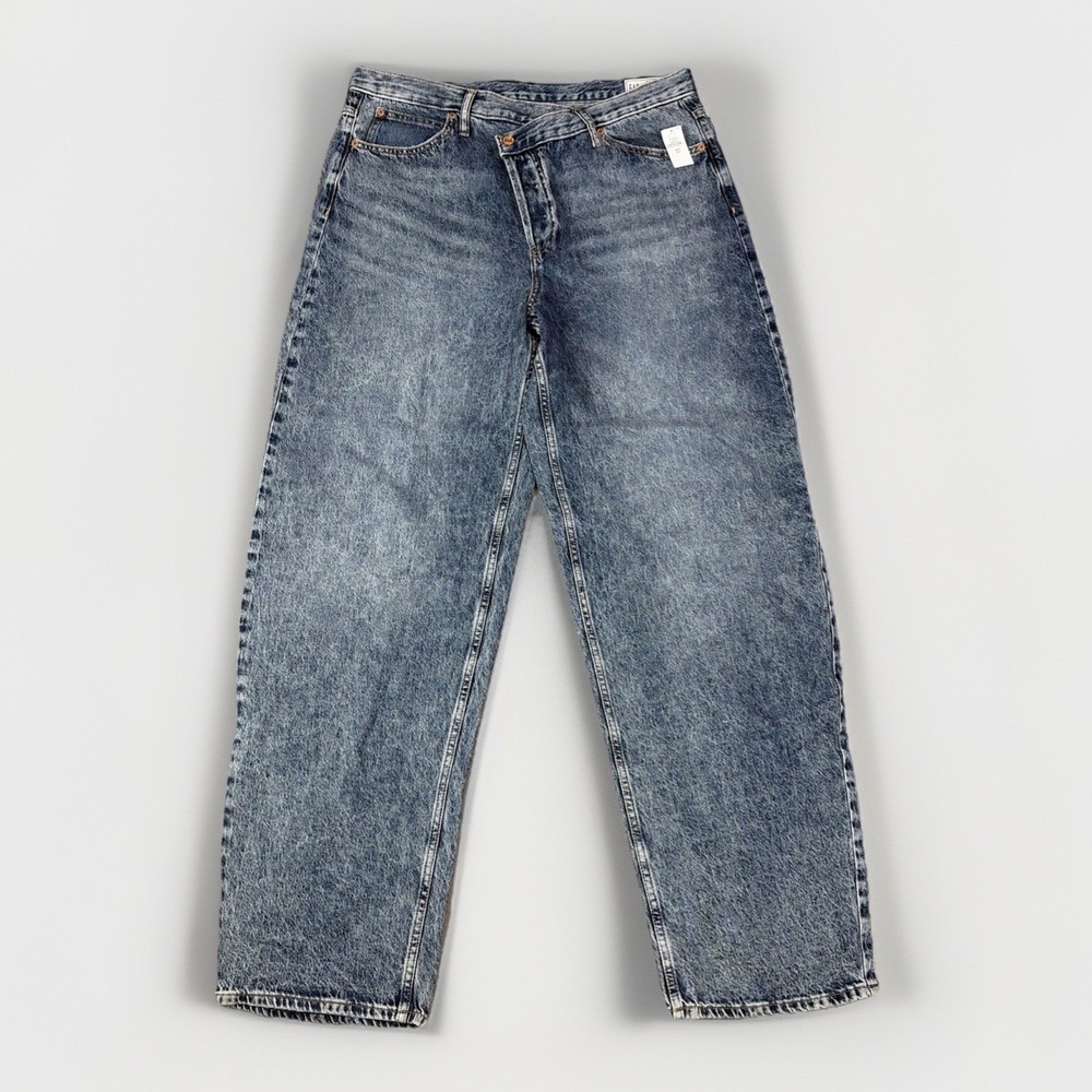 Gap Women Jean 33T Blue Denim Barrel Wide Leg High‎ Rise Acid Wash 100% Cotton
